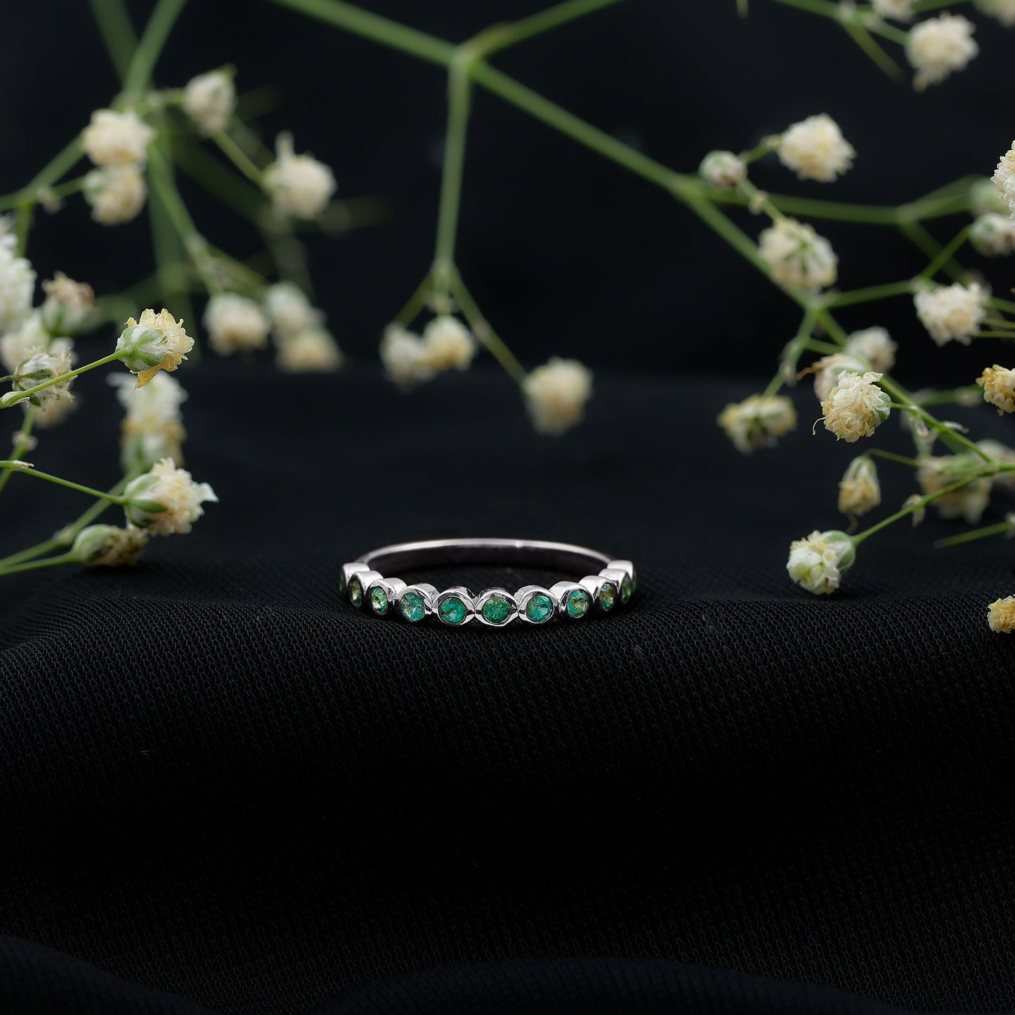 Natural Emerald Half Eternity Ring in Bezel Set