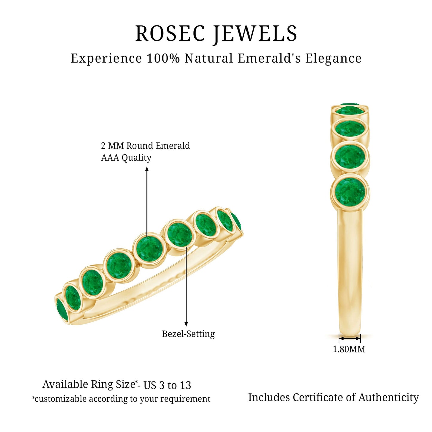 Natural Emerald Half Eternity Ring in Bezel Set