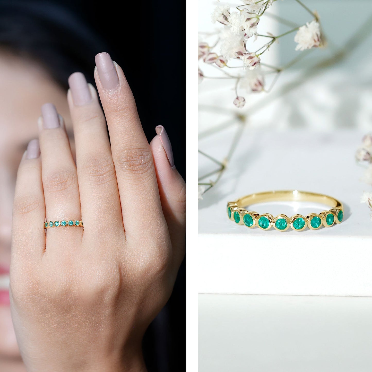 Natural Emerald Half Eternity Ring in Bezel Set