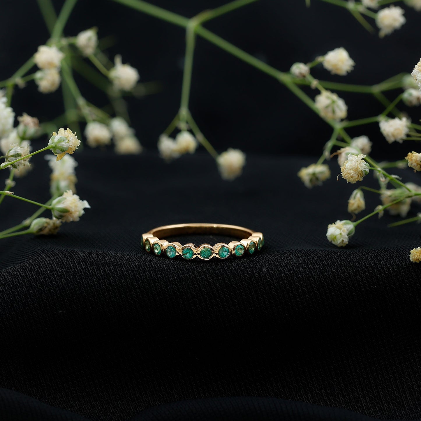 Natural Emerald Half Eternity Ring in Bezel Set