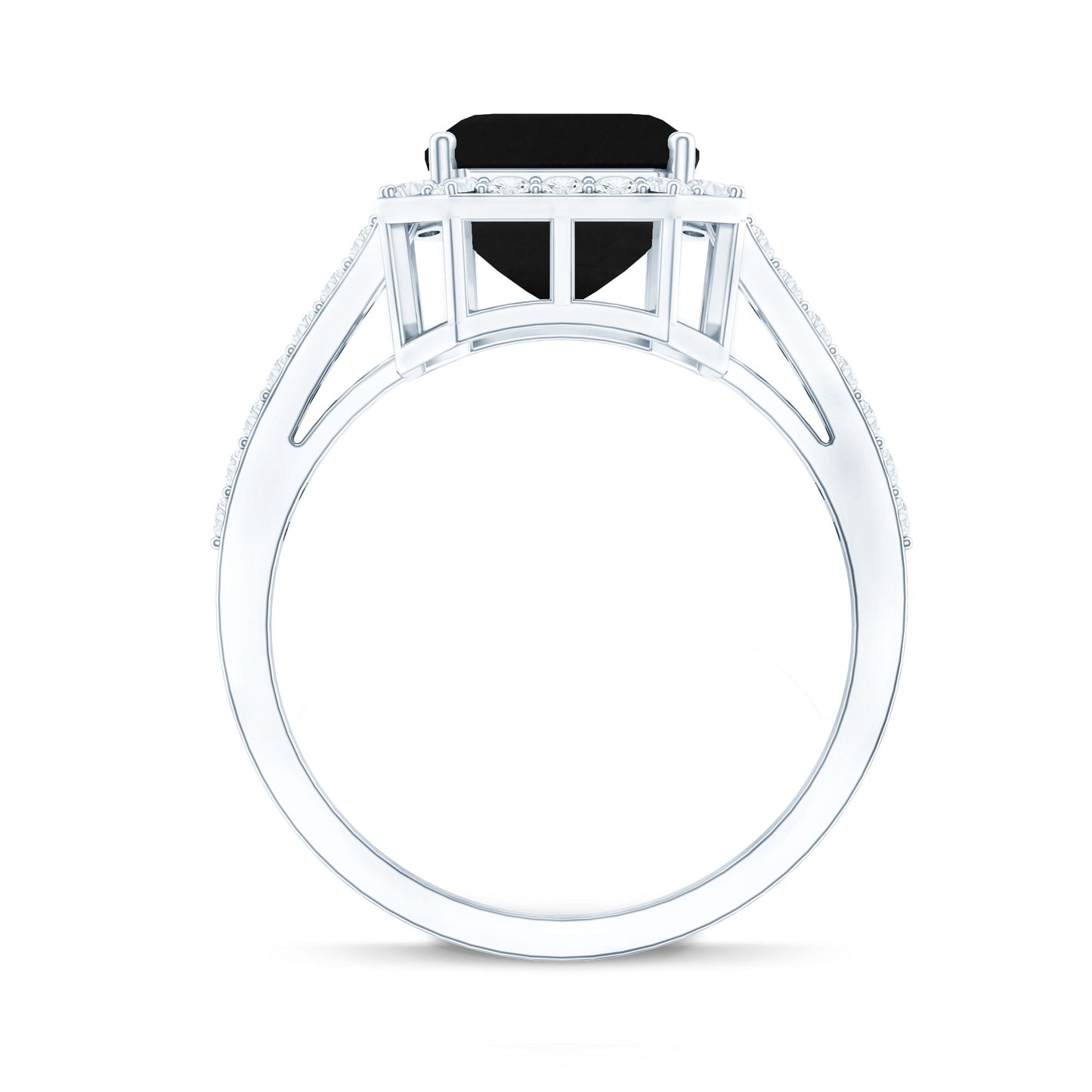 3.4 Carat Lab Grown Black Diamond Emerald Cut Engagement Ring with White Diamond Halo