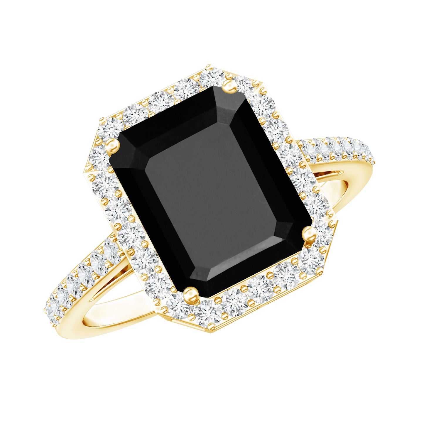 3.4 Carat Lab Grown Black Diamond Emerald Cut Engagement Ring with White Diamond Halo