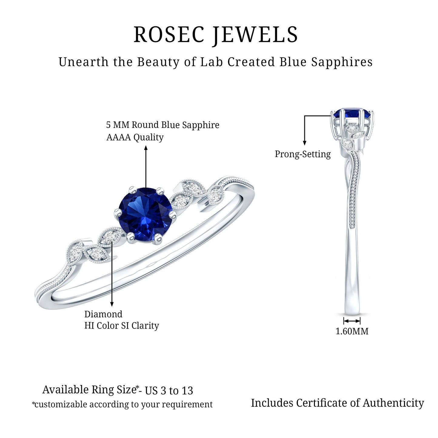 Certified 0.6 Carat Lab Grown Blue Sapphire Flower Promise Ring with Diamond