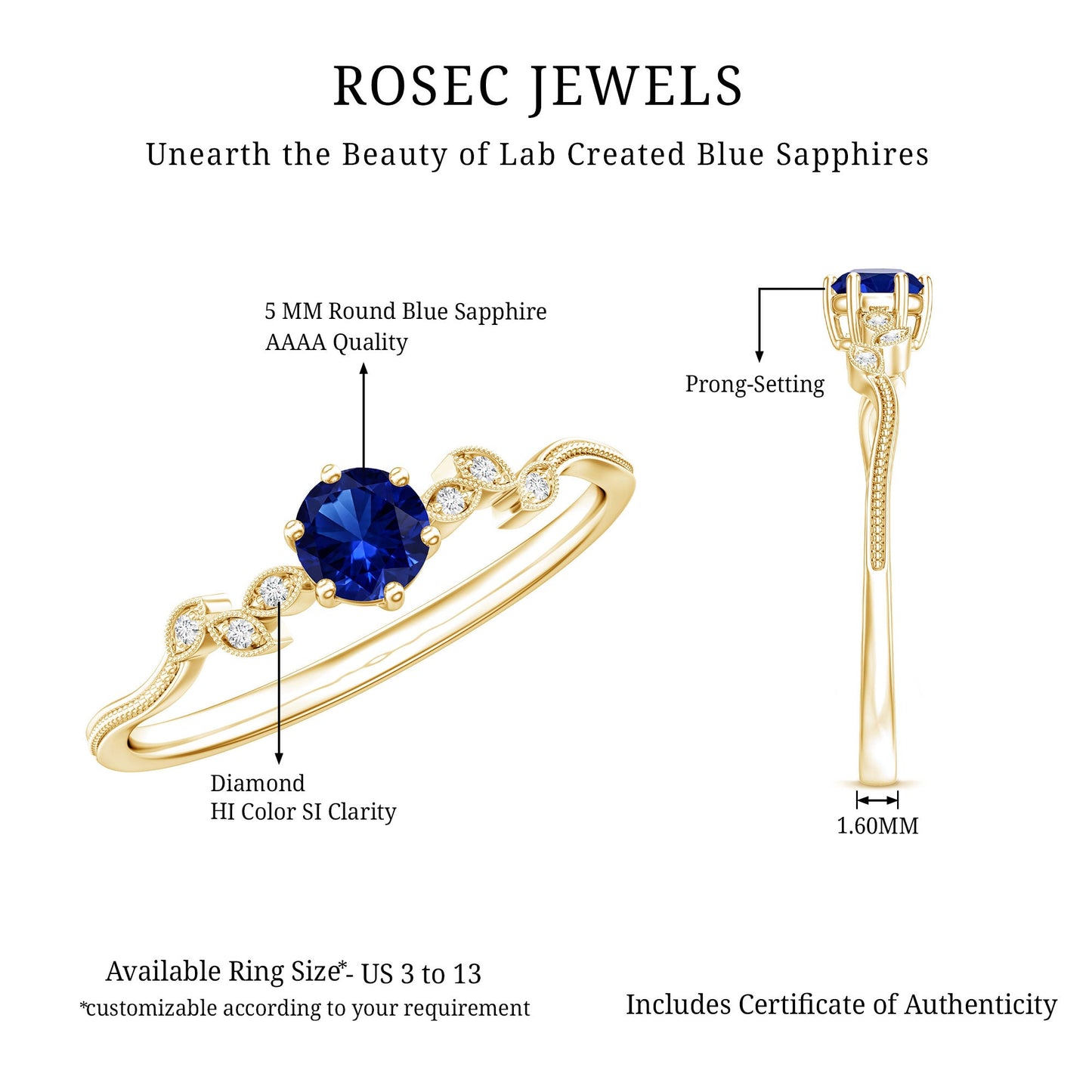 Certified 0.6 Carat Lab Grown Blue Sapphire Flower Promise Ring with Diamond