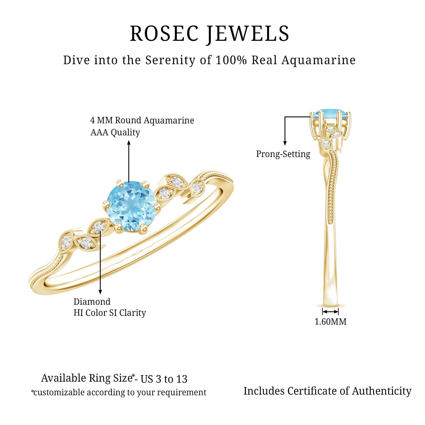 Round Aquamarine Diamond Nature Inspired Promise Ring