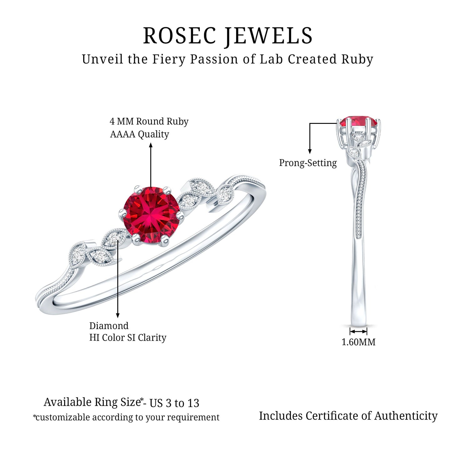 Minimalist Lab Grown Ruby Leaf Promise Ring With Real Diamonds