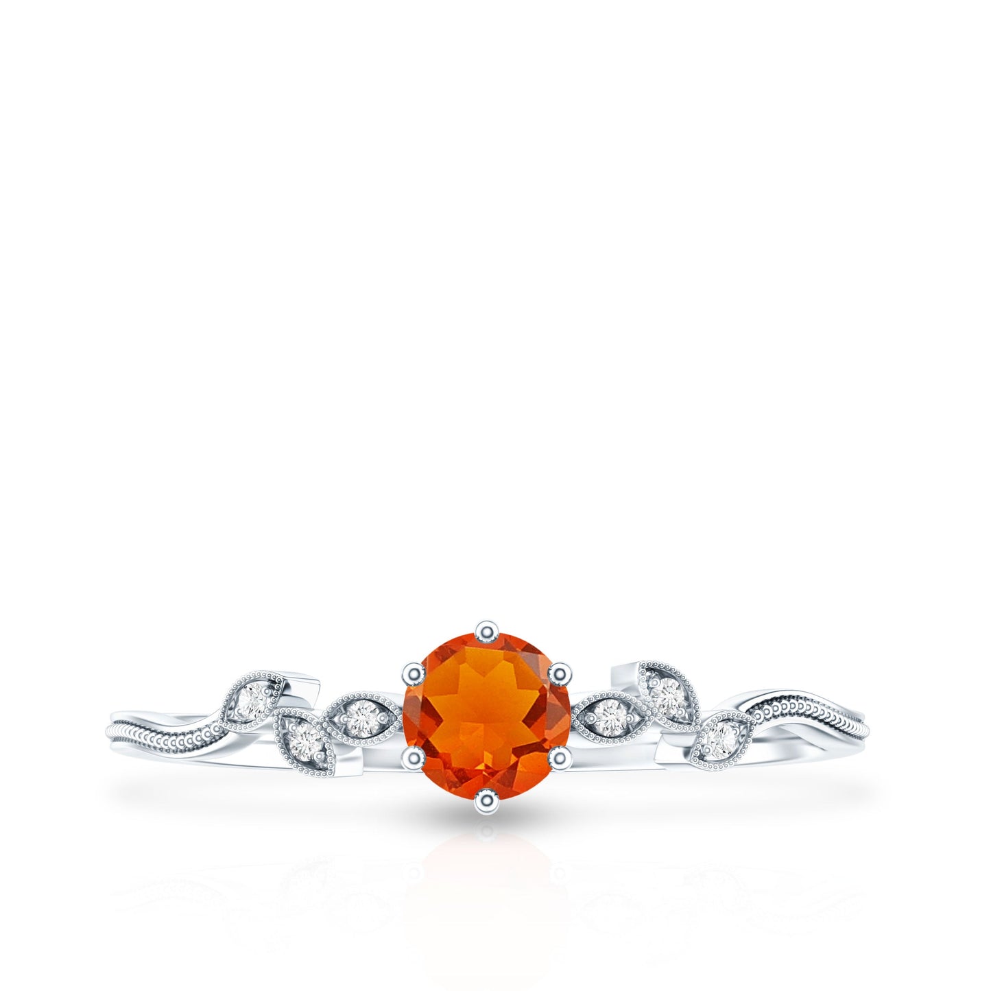 Round Fire Opal Leaf Promise Ring with Diamond