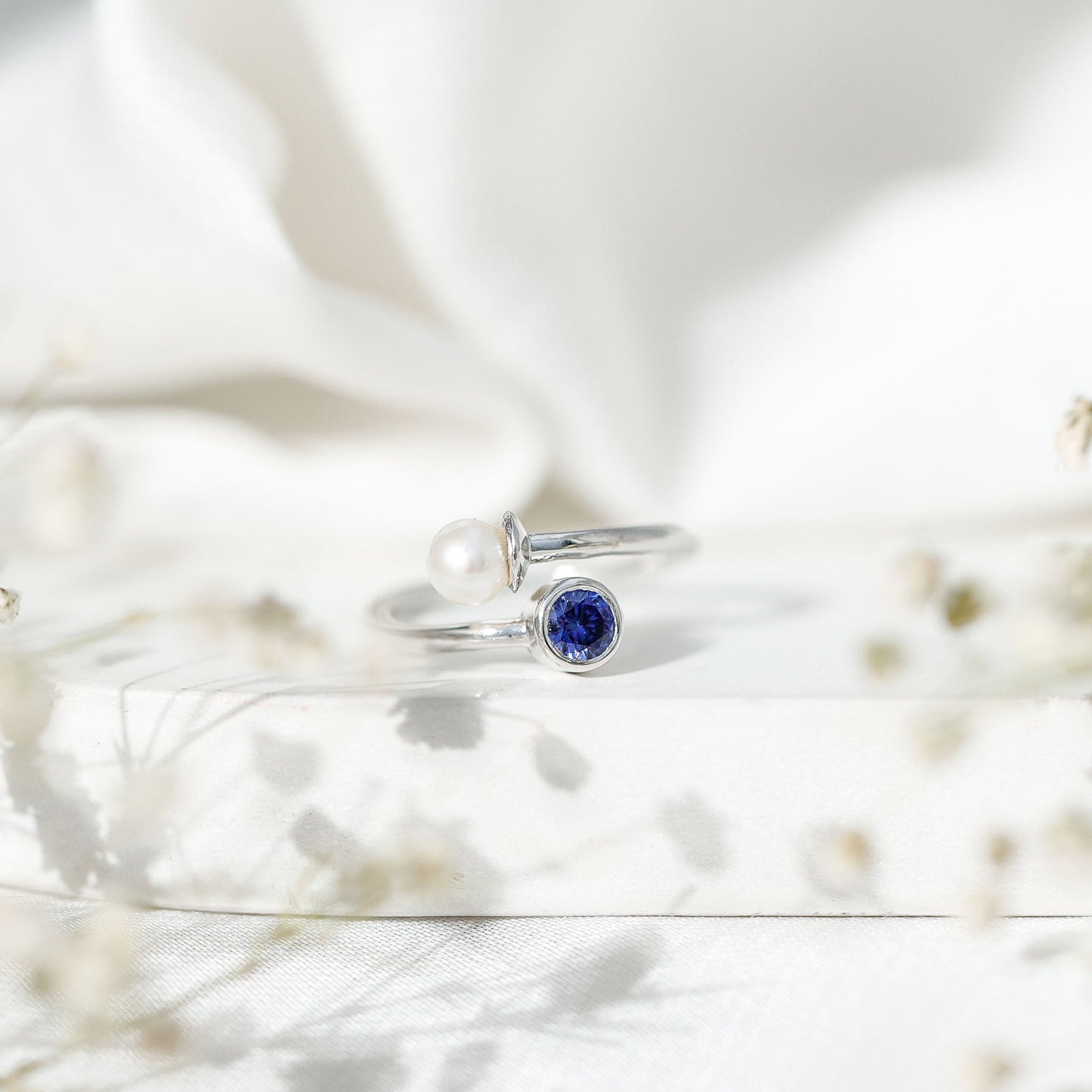 Lab Created Blue Sapphire and Pearl Toi Et Moi Ring