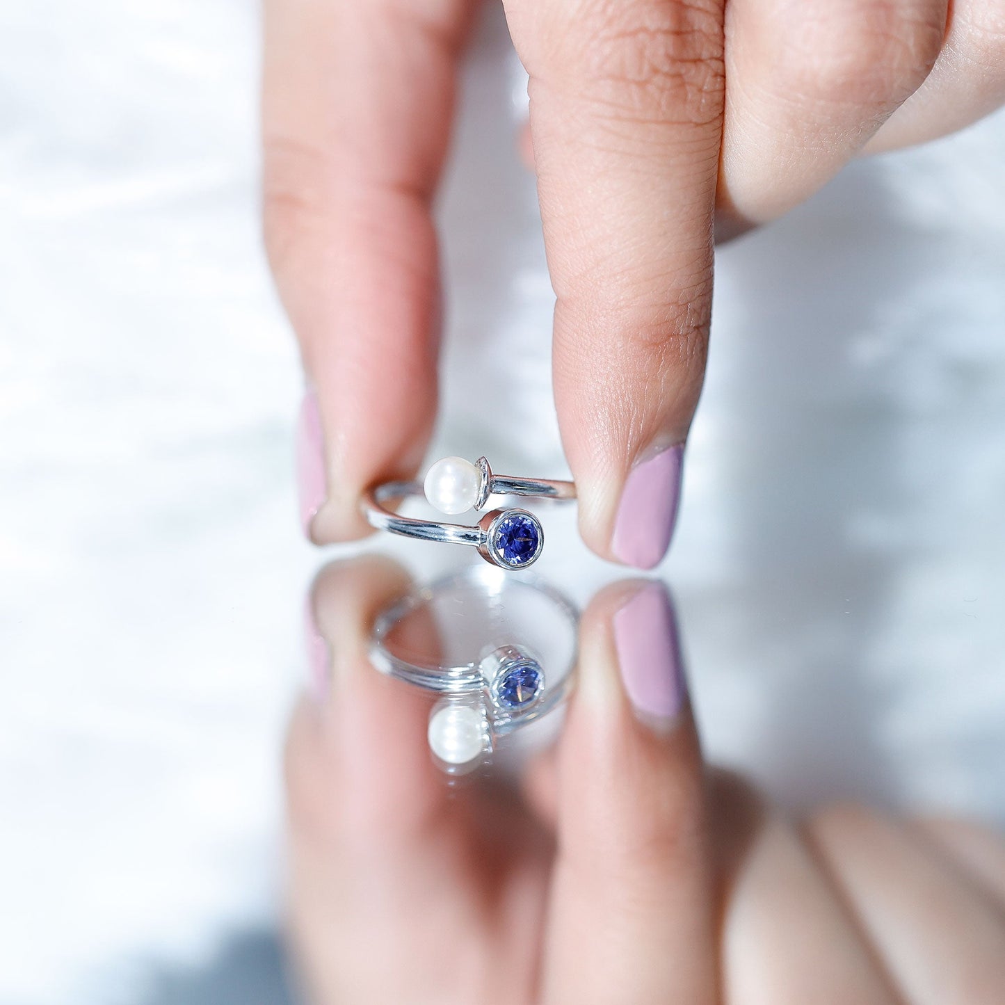 Lab Created Blue Sapphire and Pearl Toi Et Moi Ring