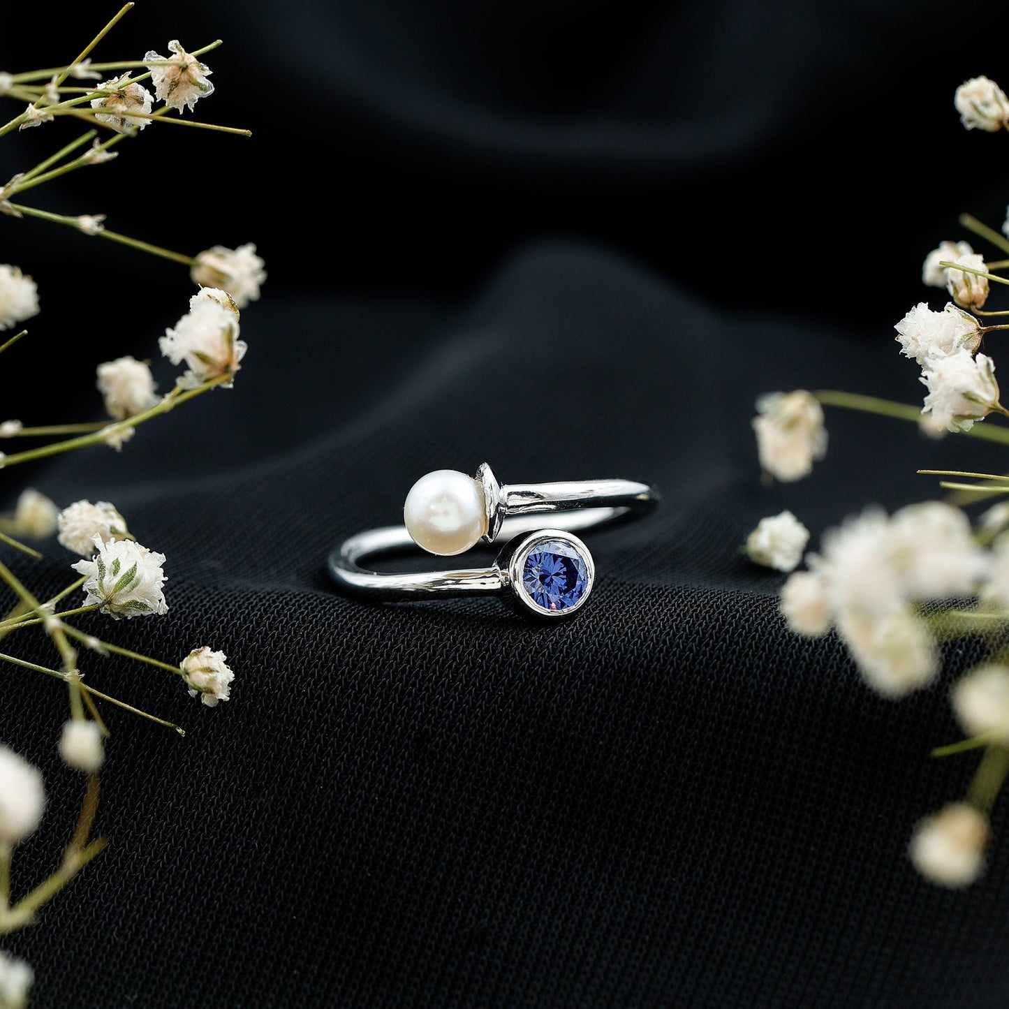 Lab Created Blue Sapphire and Pearl Toi Et Moi Ring
