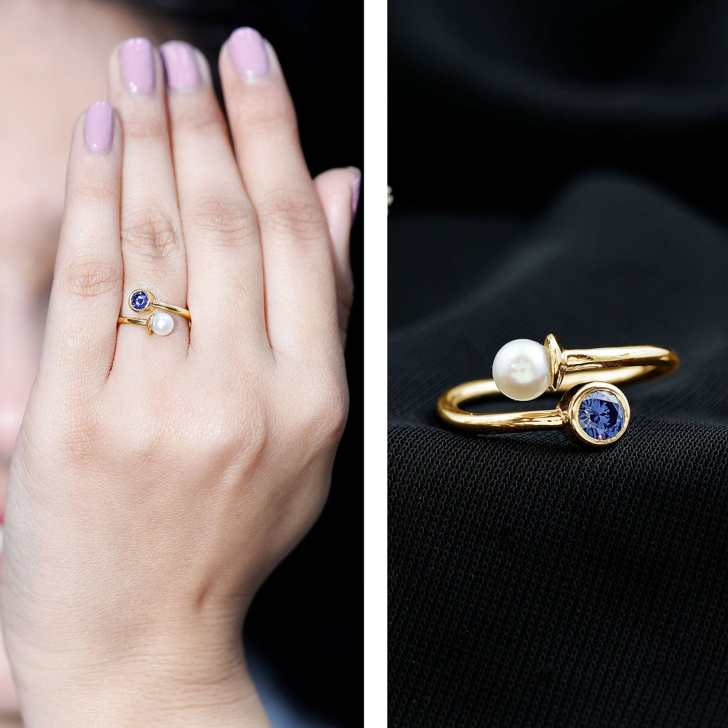 Lab Created Blue Sapphire and Pearl Toi Et Moi Ring
