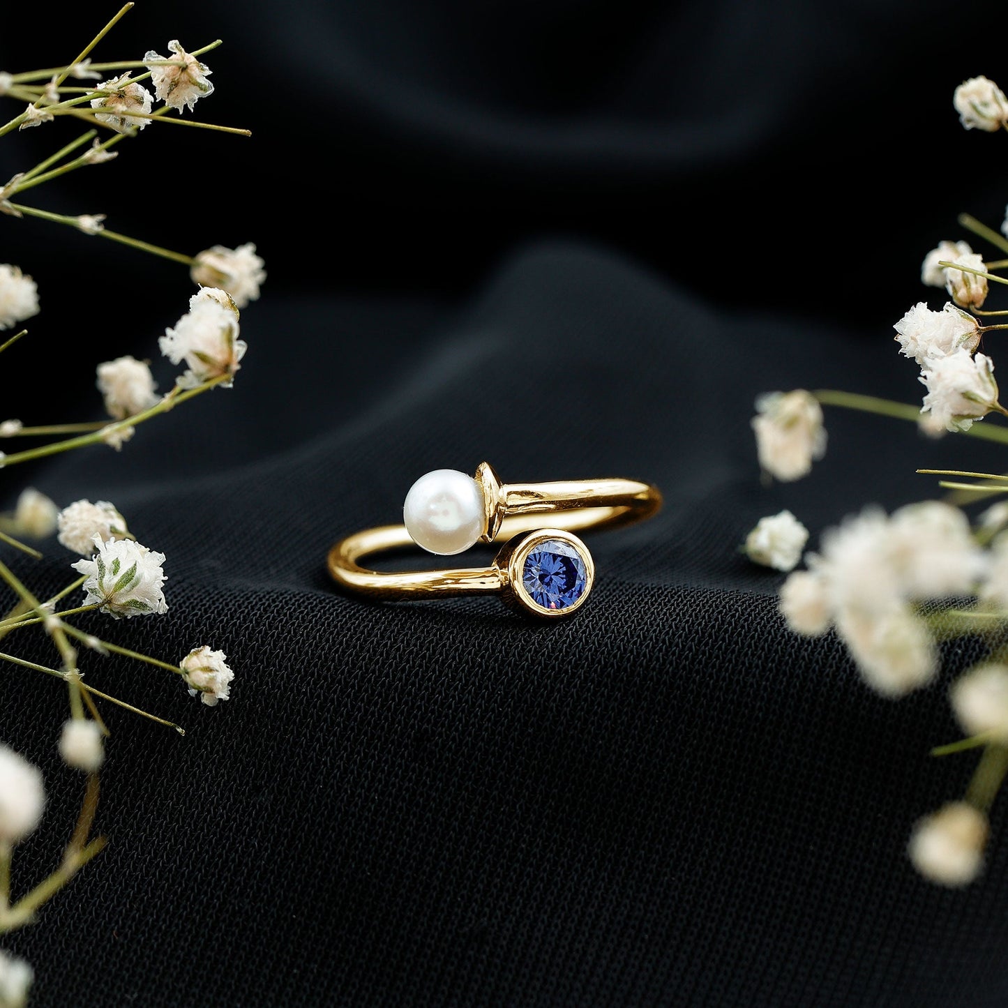 Lab Created Blue Sapphire and Pearl Toi Et Moi Ring
