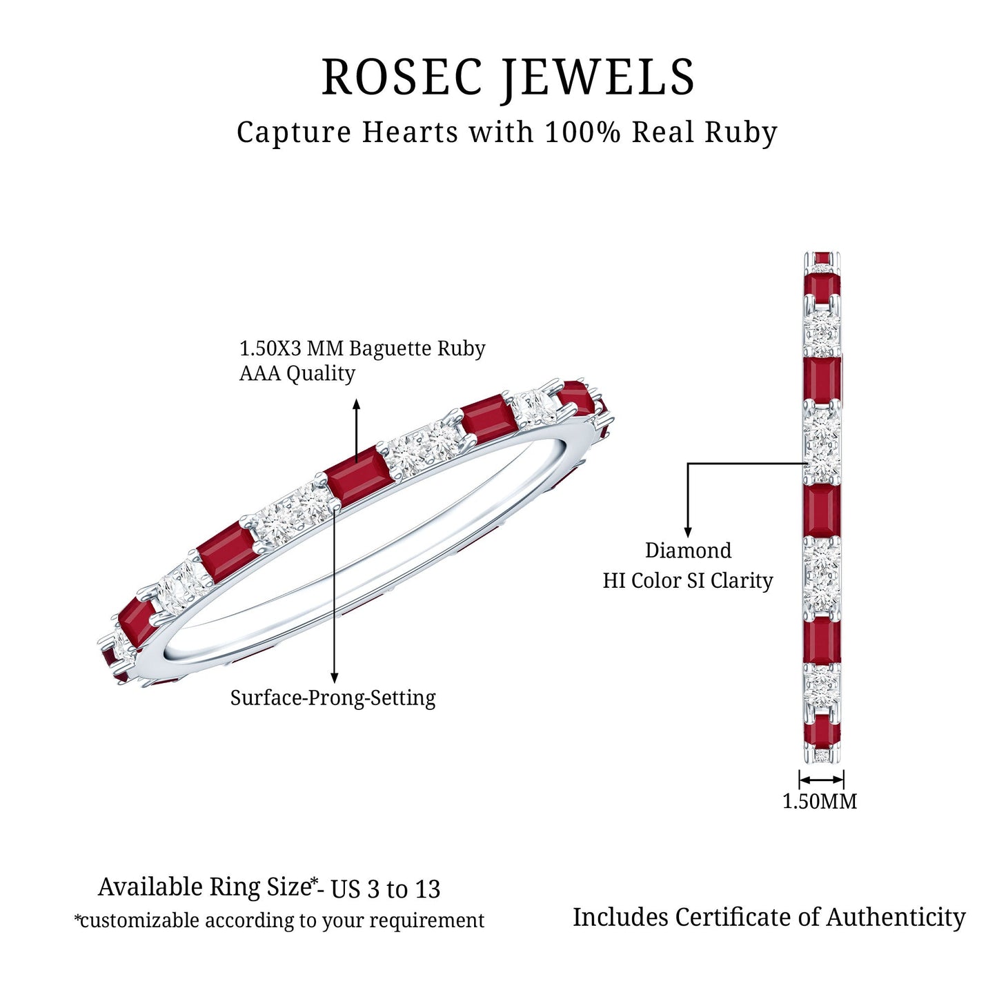 Genuine Baguette Ruby Diamond Eternity Ring for Women