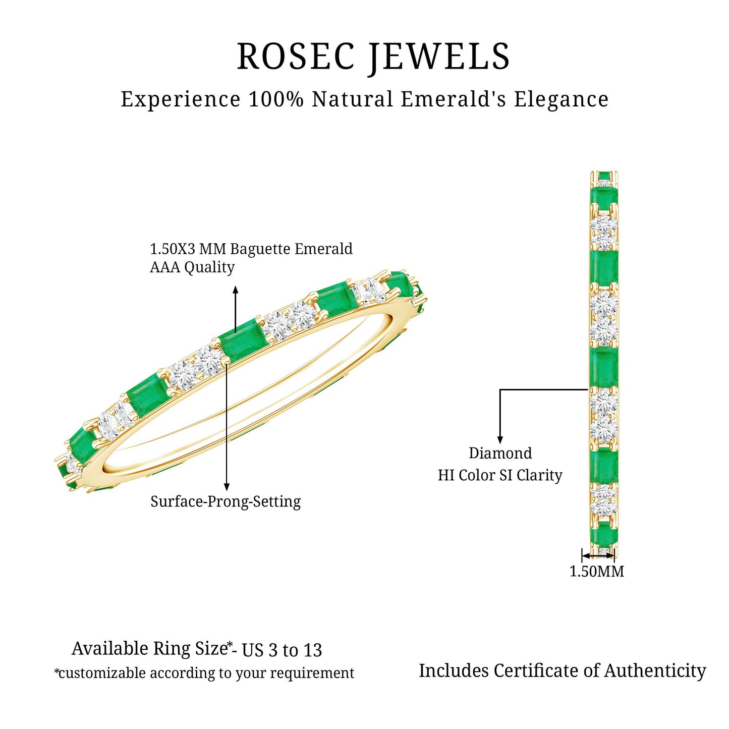 Natural Baguette Emerald Diamond Eternity Ring in East West Style