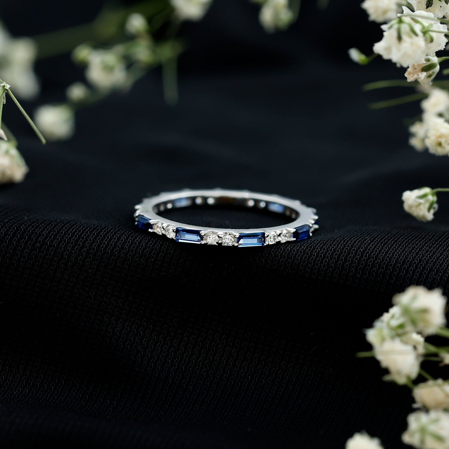 Certified Baguette Lab Blue Sapphire Eternity Ring with Diamond