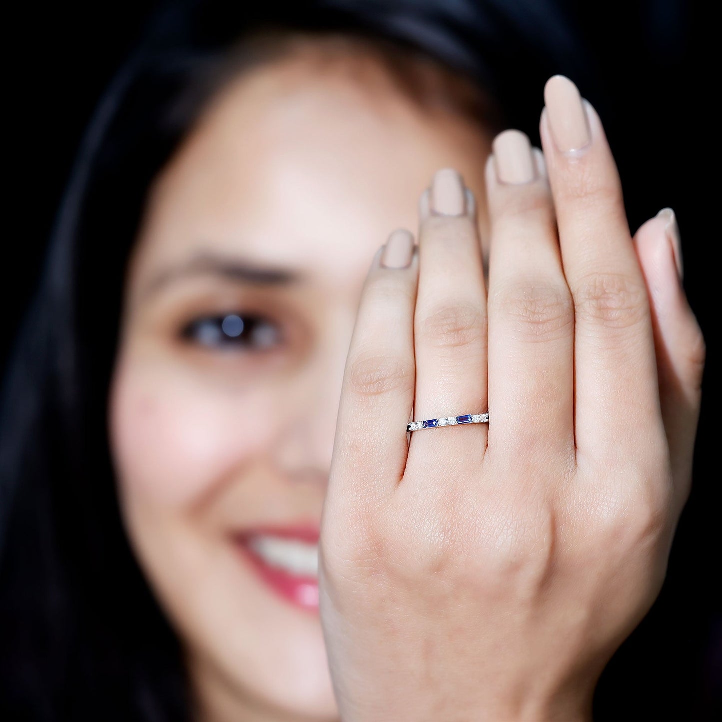 Certified Baguette Lab Blue Sapphire Eternity Ring with Diamond