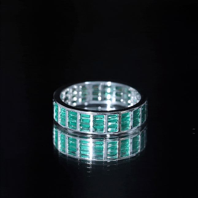 Baguette Cut Lab Grown Emerald 3 Row Eternity Band