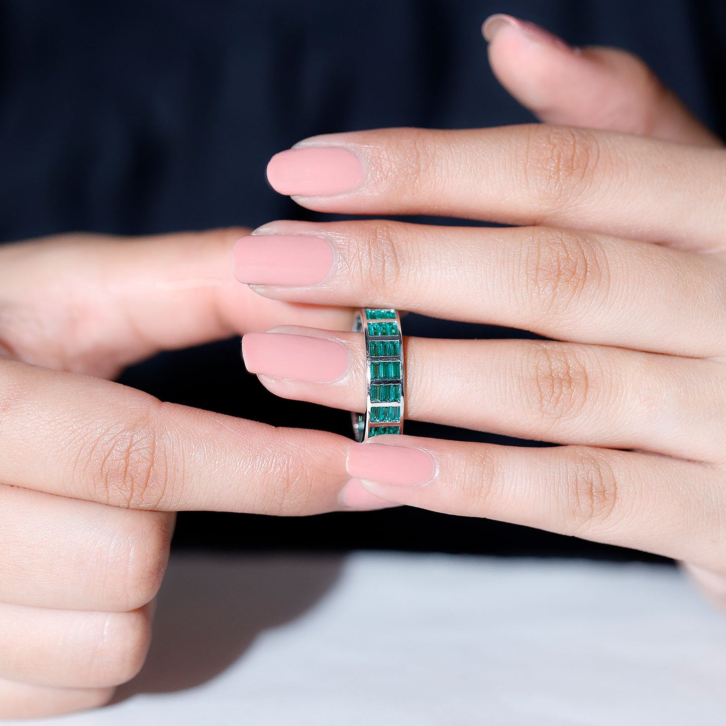 Baguette Cut Lab Grown Emerald 3 Row Eternity Band