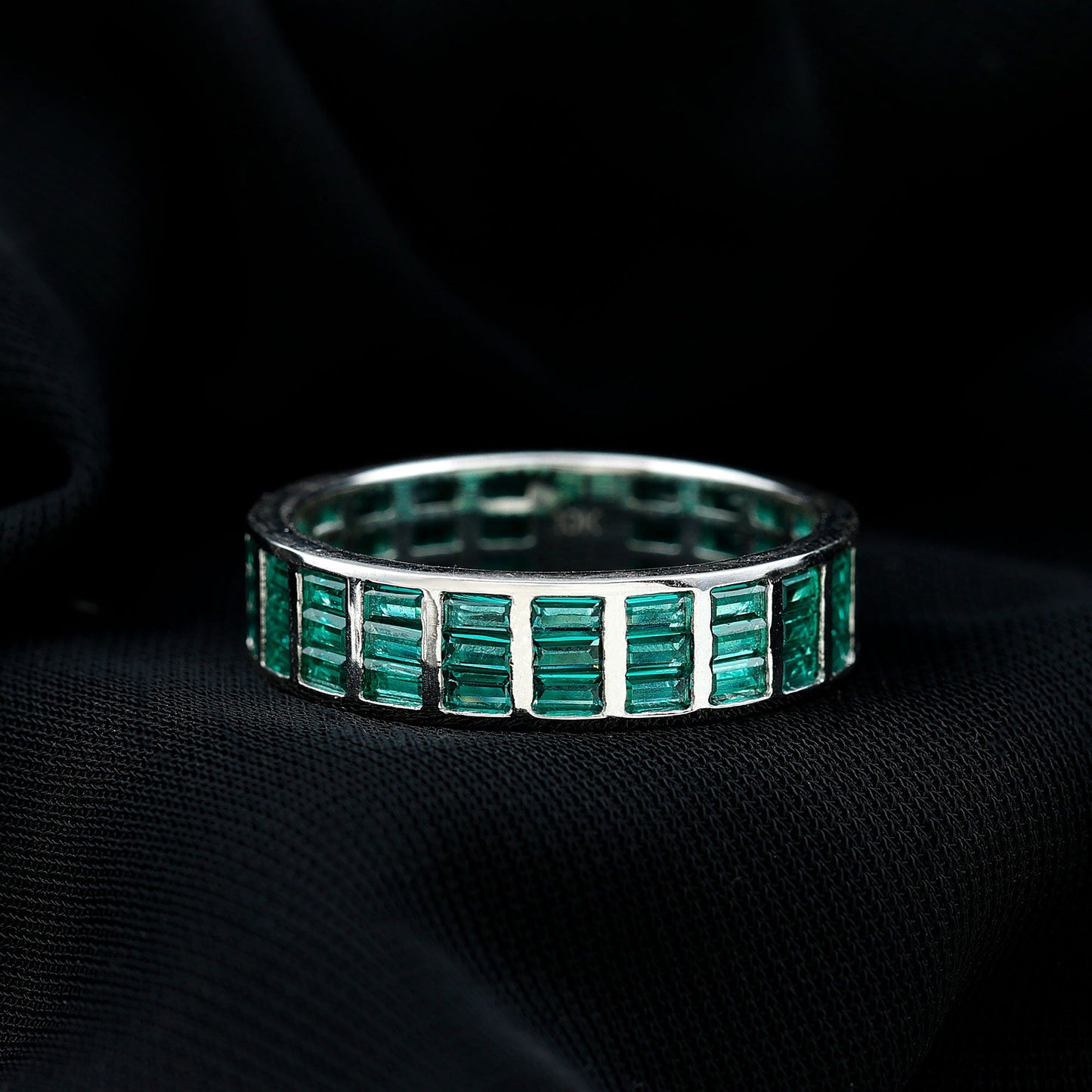 Baguette Cut Lab Grown Emerald 3 Row Eternity Band
