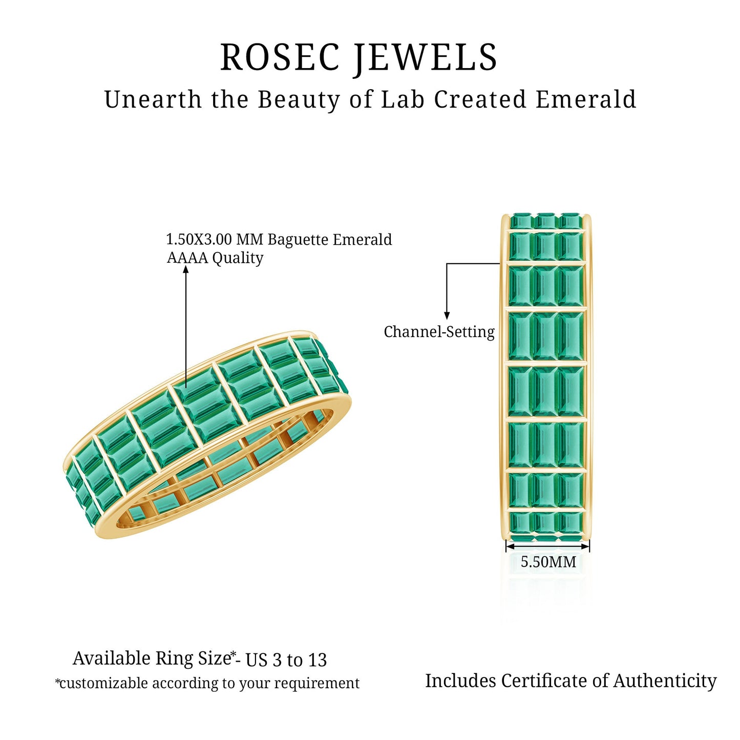 Baguette Cut Lab Grown Emerald 3 Row Eternity Band
