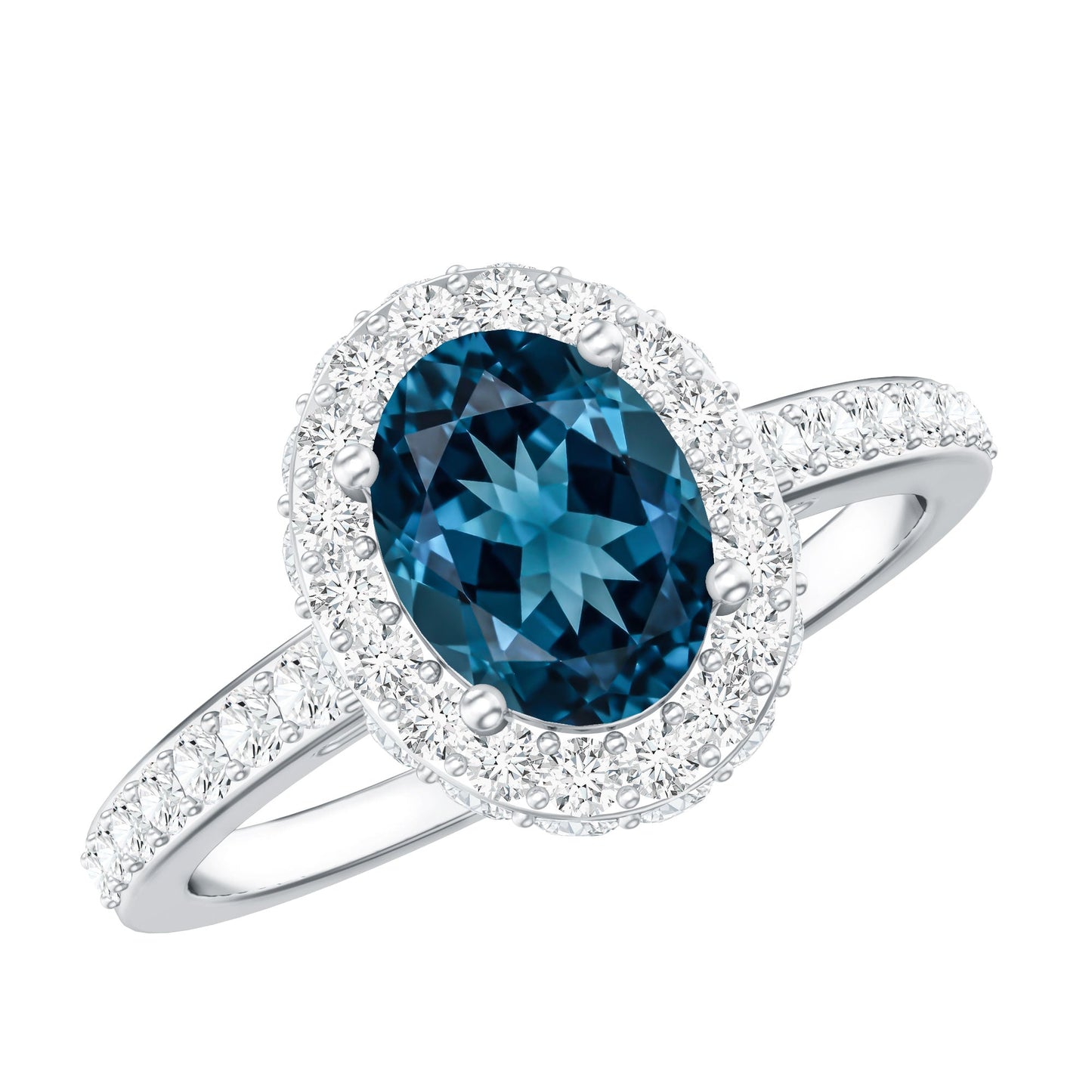 Genuine London Blue Topaz Classic Engagement Ring with Moissanite Halo