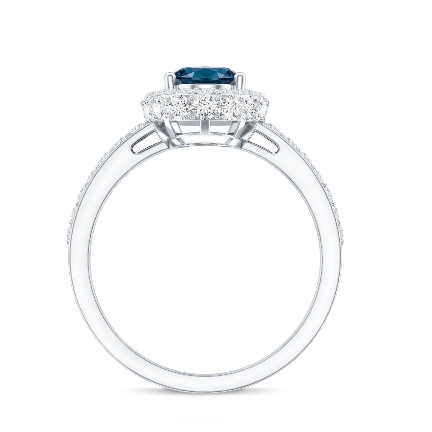 Genuine London Blue Topaz Classic Engagement Ring with Moissanite Halo