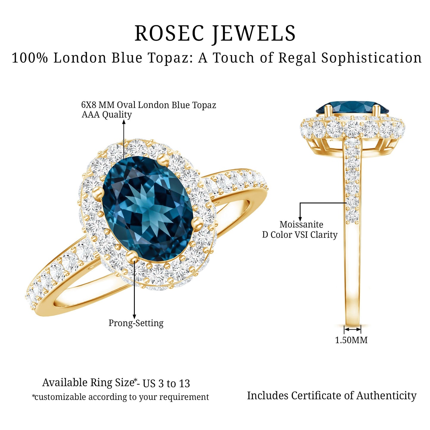 Genuine London Blue Topaz Classic Engagement Ring with Moissanite Halo