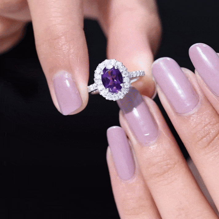 Natural 1 Carat Amethyst Oval Engagement Ring with Moissanite Halo