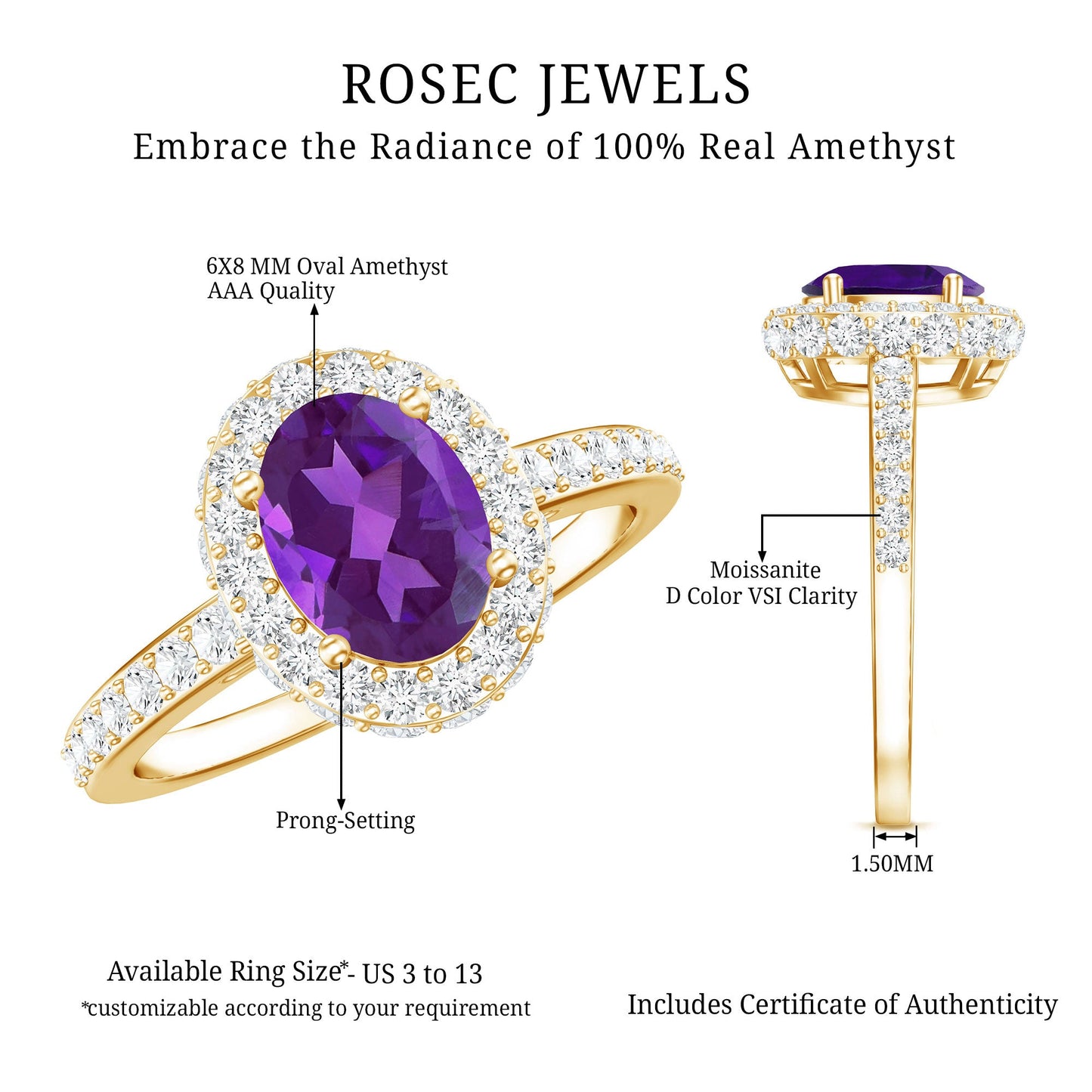 Natural 1 Carat Amethyst Oval Engagement Ring with Moissanite Halo