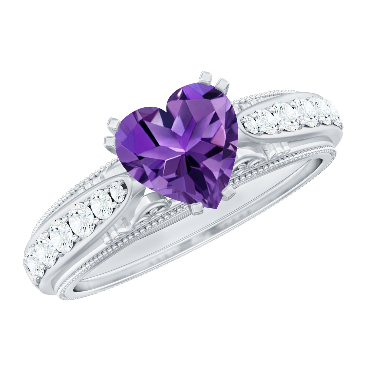 Vintage Style 2 Carat Amethyst Heart Engagement Ring with Diamond