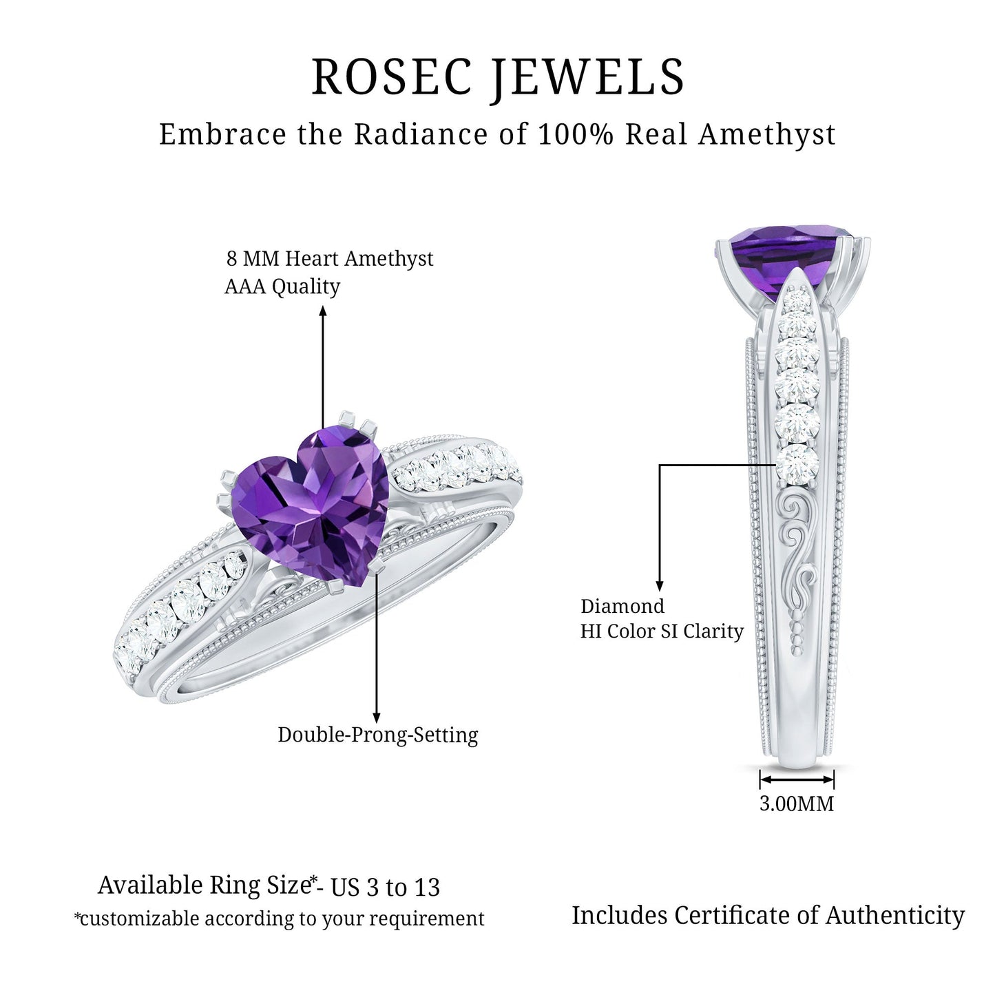 Vintage Style 2 Carat Amethyst Heart Engagement Ring with Diamond