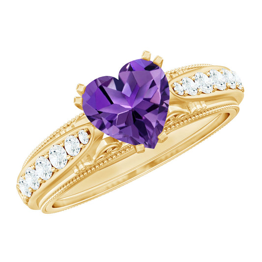 Vintage Style 2 Carat Amethyst Heart Engagement Ring with Diamond