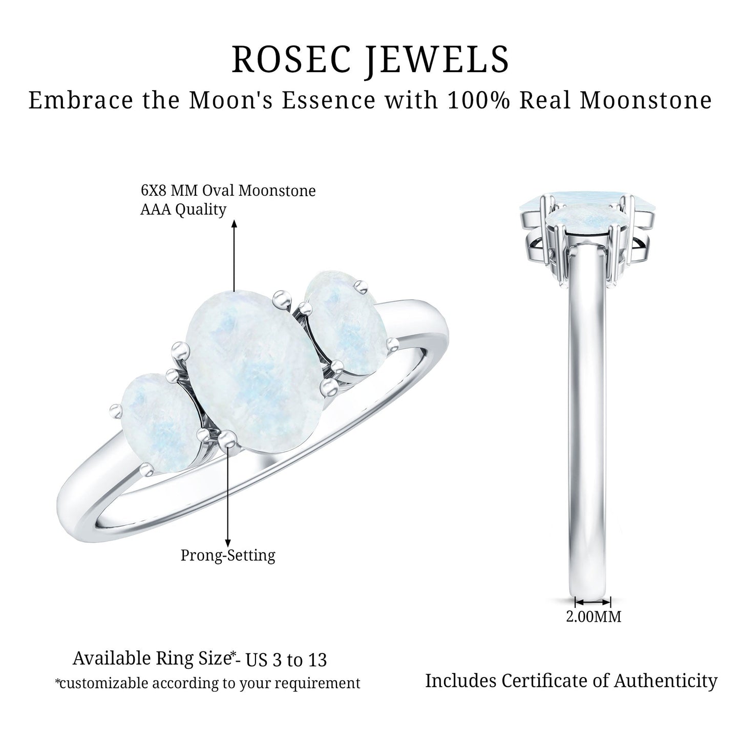 Natural Moonstone Three Stone Oval Engagement Ring
