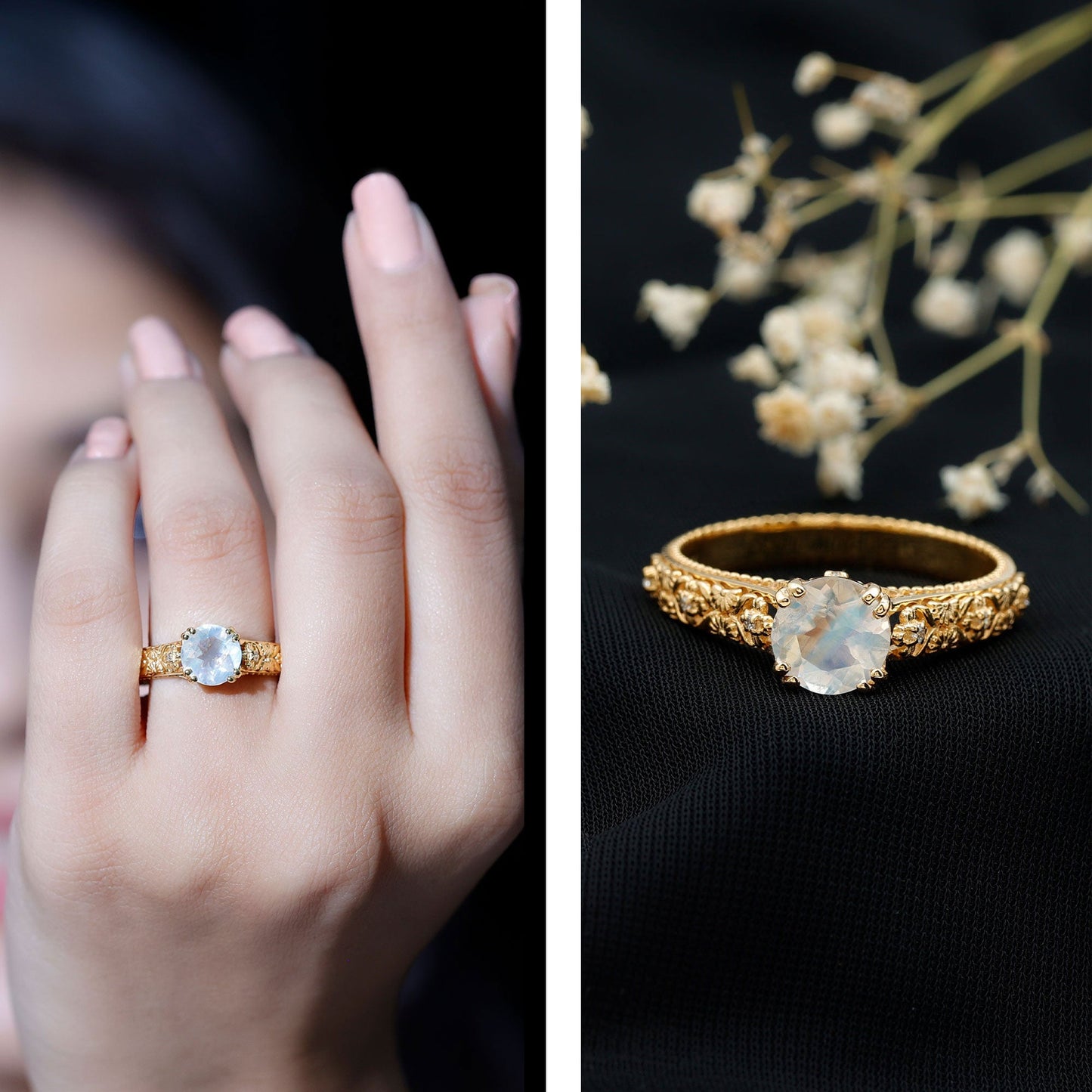 Vintage Style Moonstone and Diamond Flower Engagement Ring