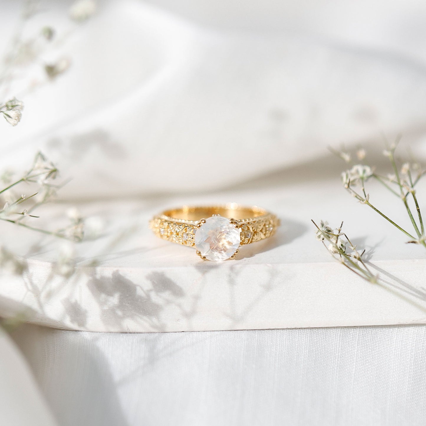 Vintage Style Moonstone and Diamond Flower Engagement Ring