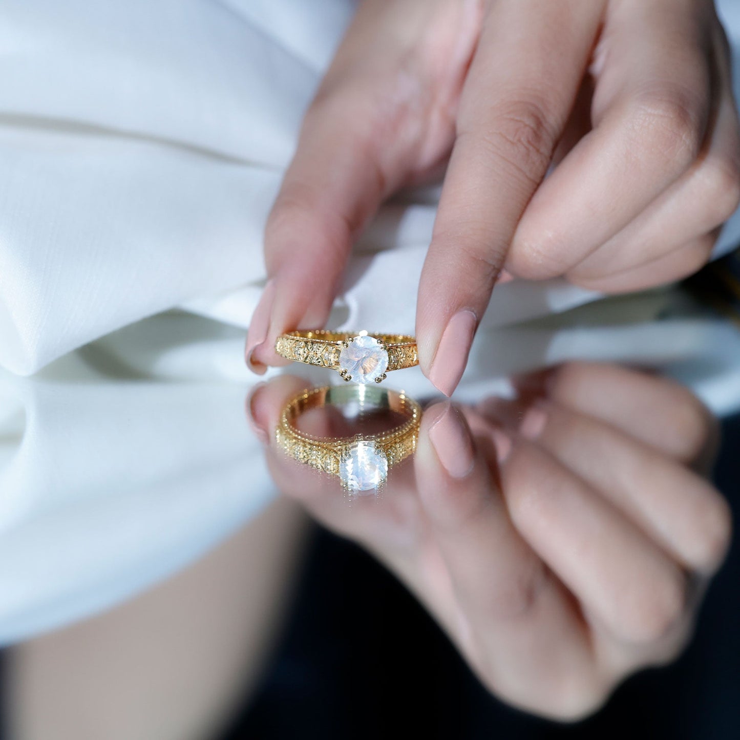 Vintage Style Moonstone and Diamond Flower Engagement Ring