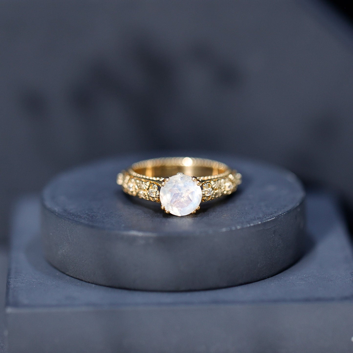Vintage Style Moonstone and Diamond Flower Engagement Ring