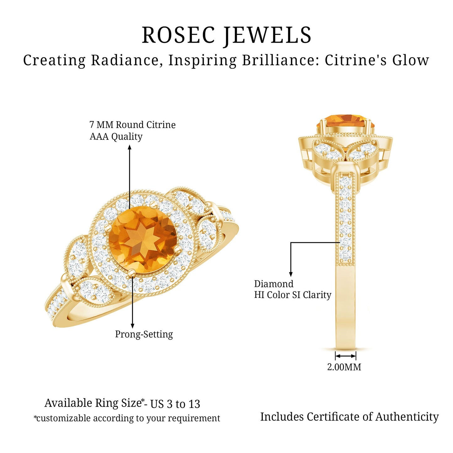 Vintage Style 1.2 Carat Citrine Engagement Ring with Diamond Halo