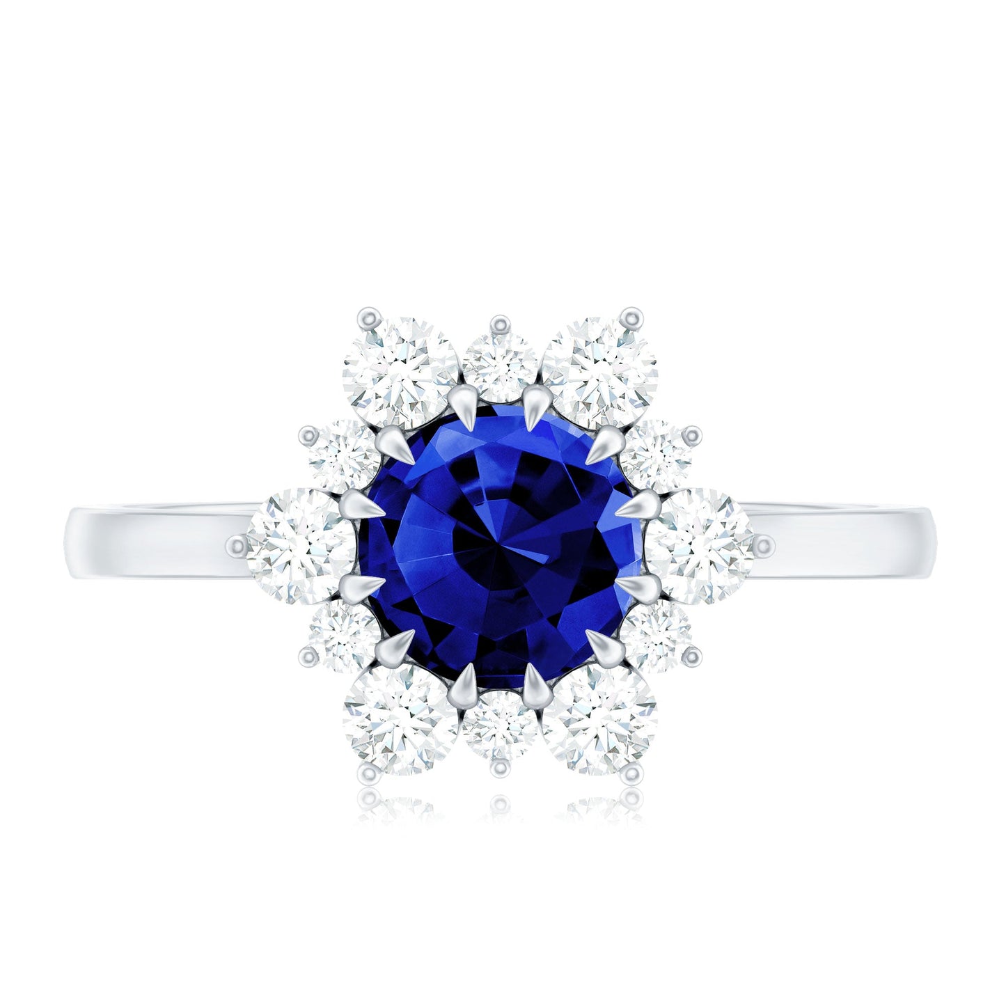Round Cut Created Blue Sapphire Classic Halo Engagement Ring with Moissanite