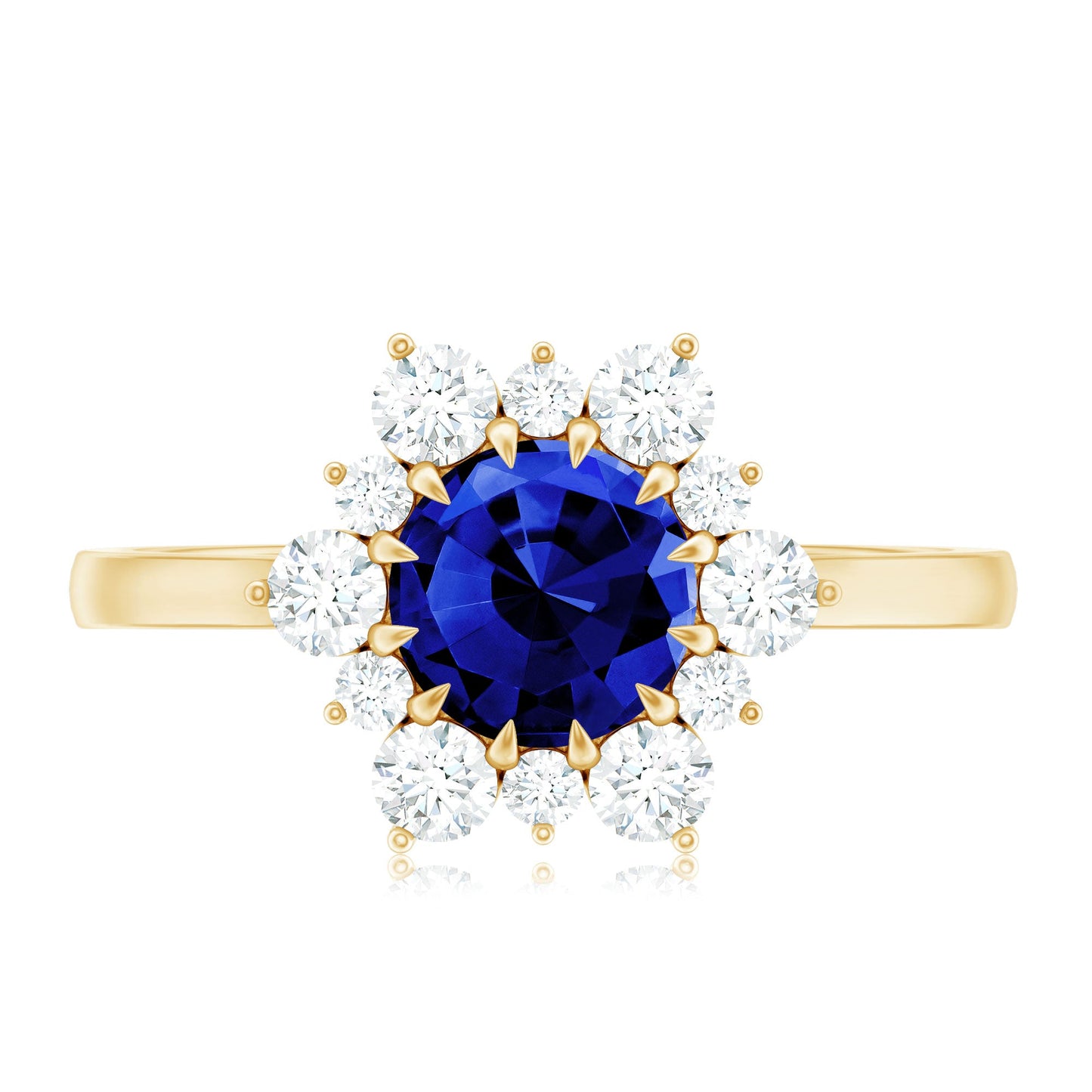 Round Cut Created Blue Sapphire Classic Halo Engagement Ring with Moissanite