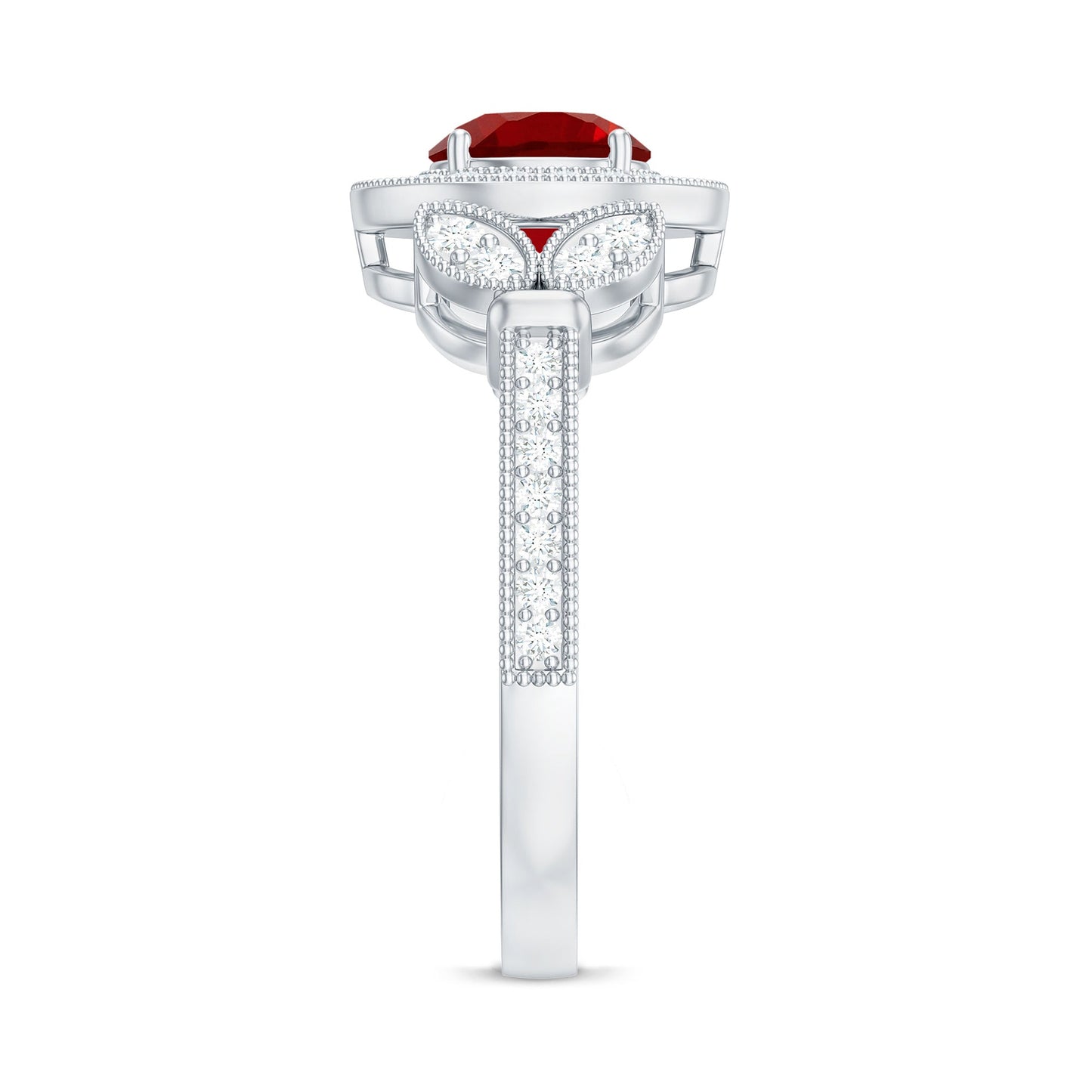Vintage Inspired Lab Grown Ruby Engagement Ring with Diamond Halo