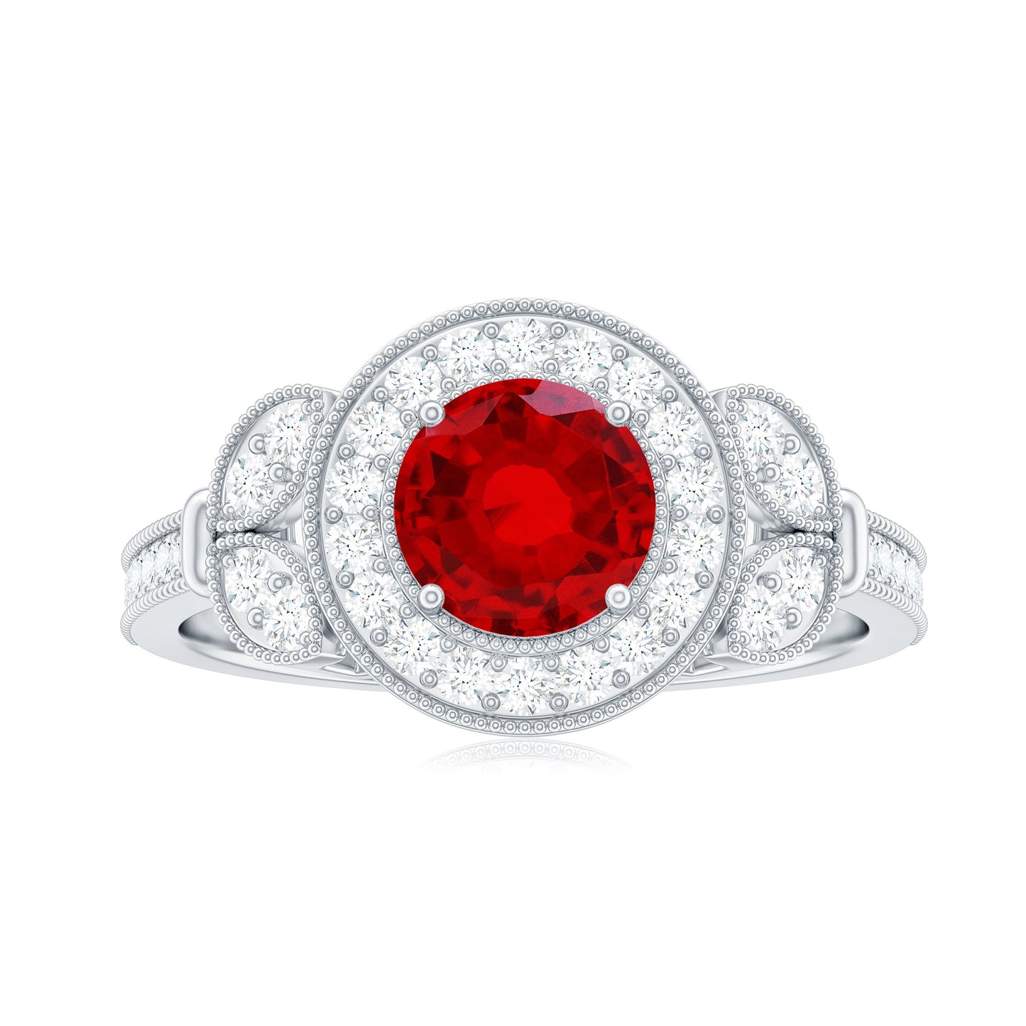 Vintage Inspired Lab Grown Ruby Engagement Ring with Diamond Halo