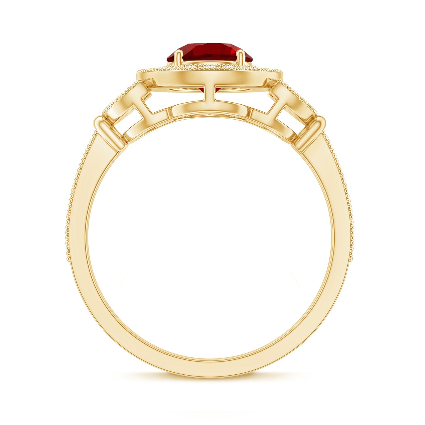Vintage Inspired Lab Grown Ruby Engagement Ring with Diamond Halo