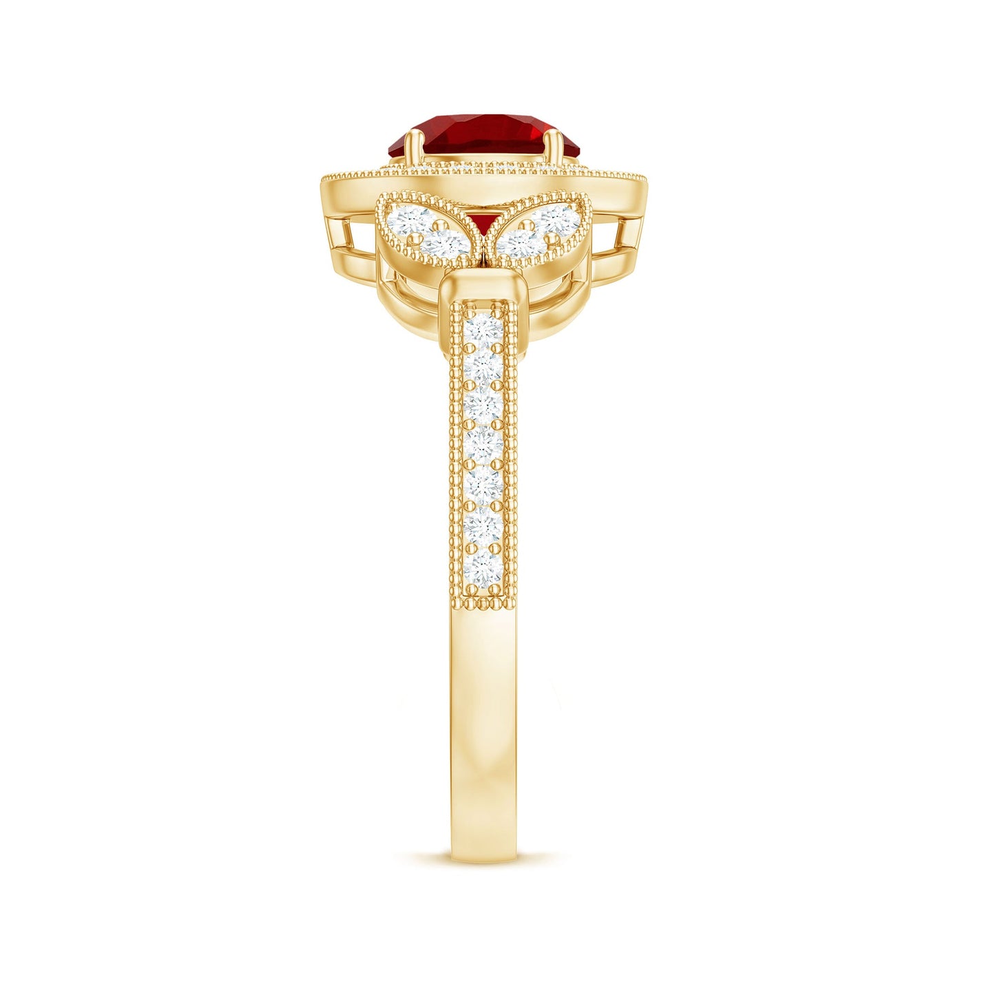 Vintage Inspired Lab Grown Ruby Engagement Ring with Diamond Halo