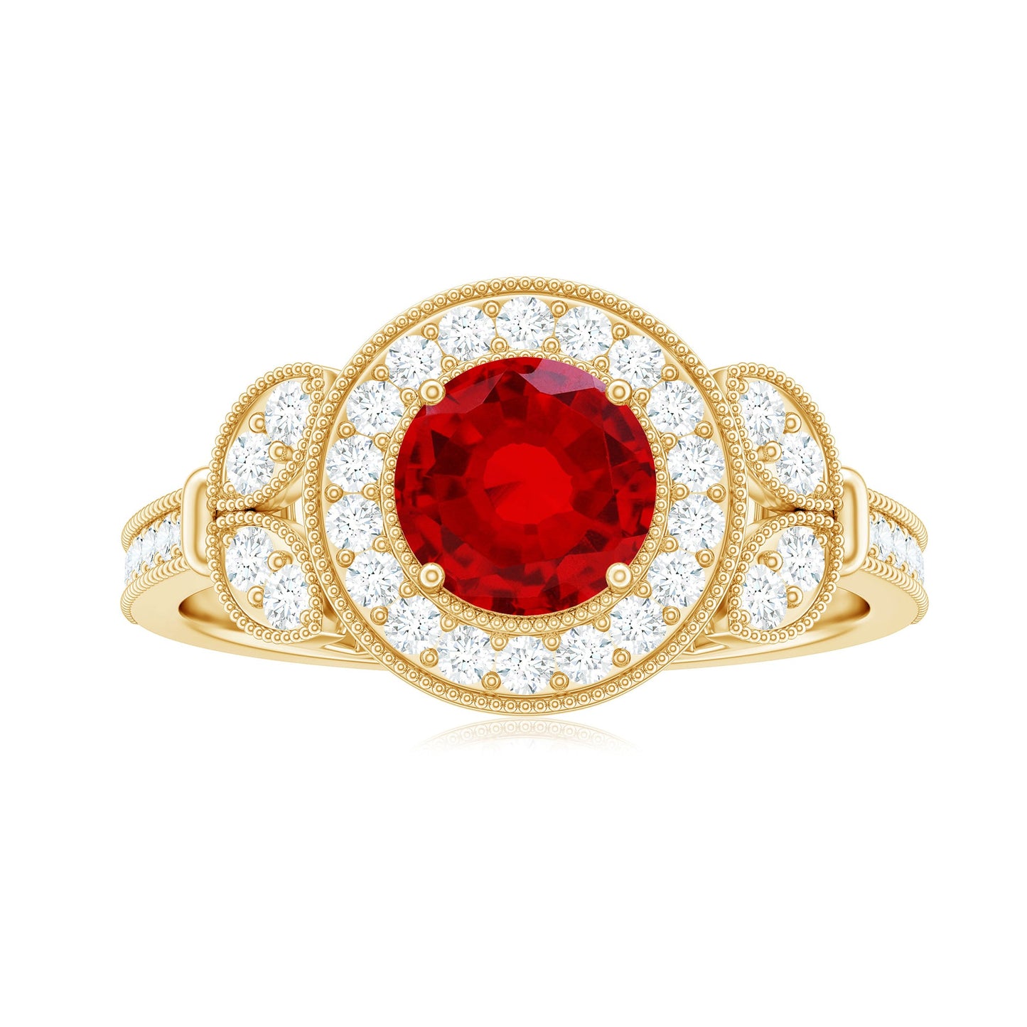 Vintage Inspired Lab Grown Ruby Engagement Ring with Diamond Halo