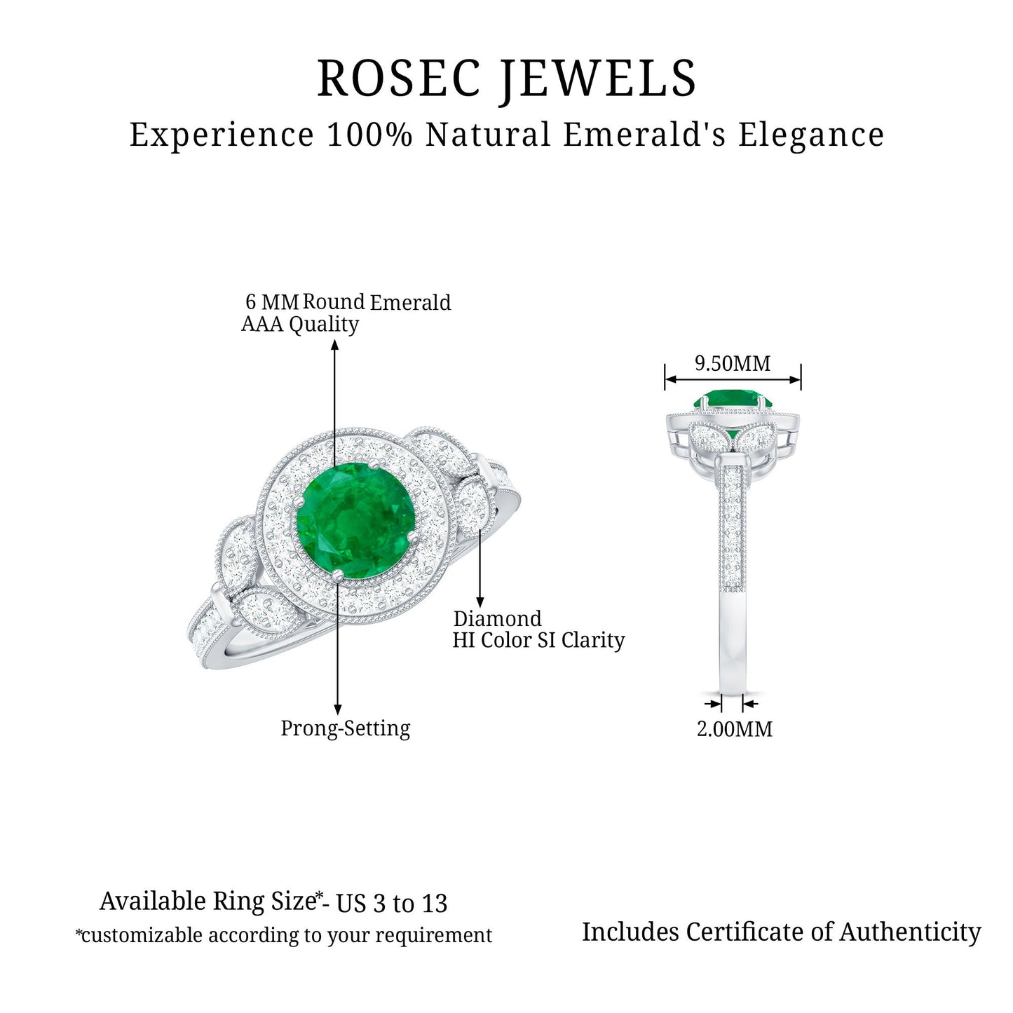 Vintage Style Emerald Engagement Ring with Diamond Halo