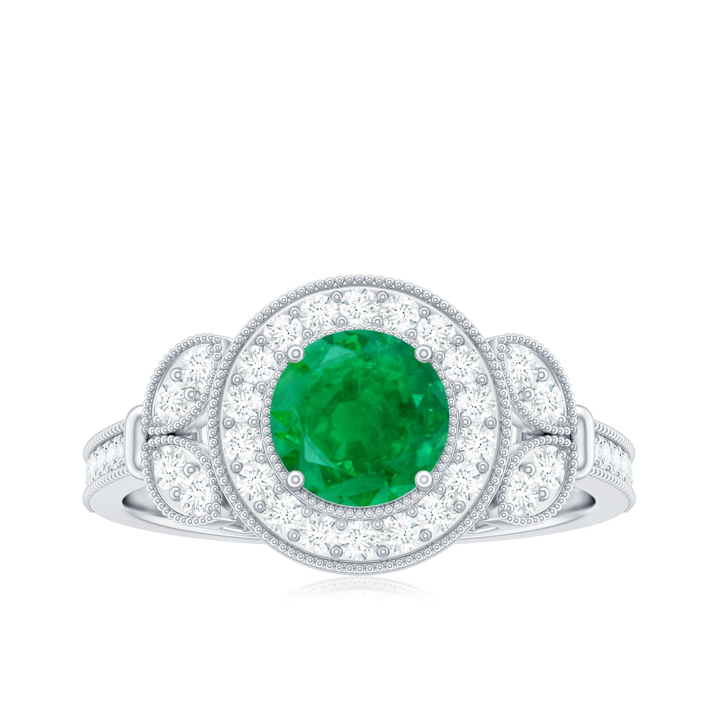 Vintage Style Emerald Engagement Ring with Diamond Halo