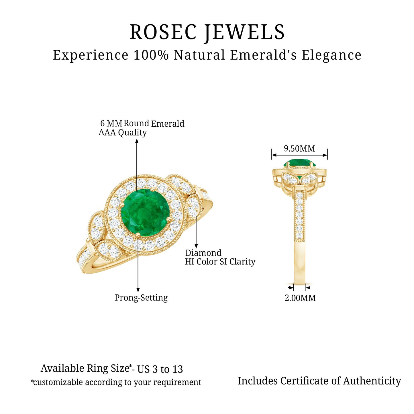 Vintage Style Emerald Engagement Ring with Diamond Halo