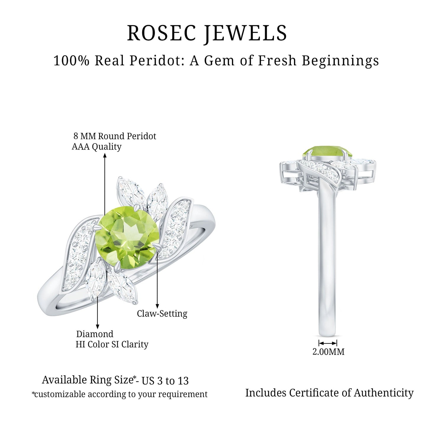 Nature Inspired 2 Carat Peridot Engagement Ring with Diamond