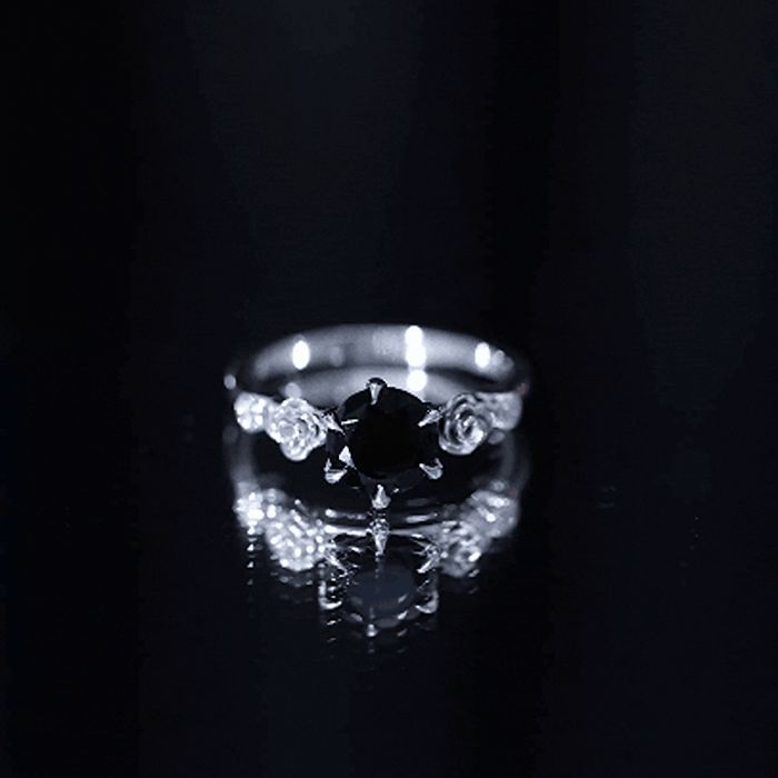 Natural Black Spinel Floral Engagement Ring with Diamond